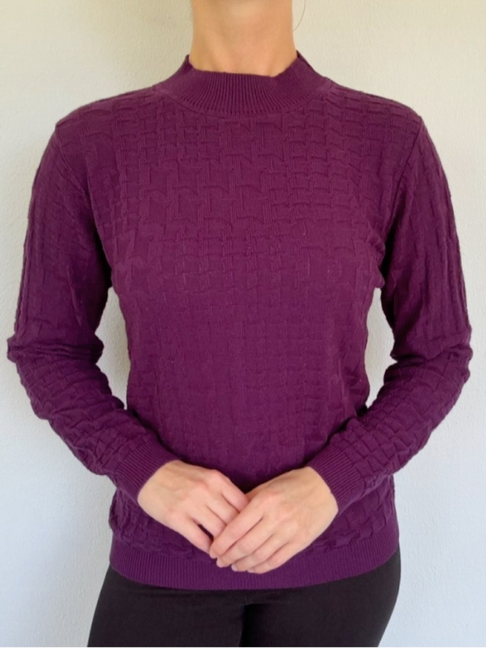Alfred Dunner purple mock neck textured cable knit lightweight sweater small